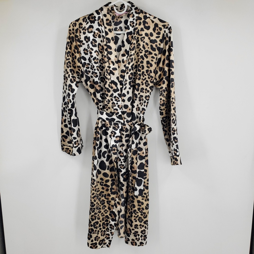Camille Leopard Cheetah Print Robe Kimono Style Belted Loungewear Satin Size 14‎